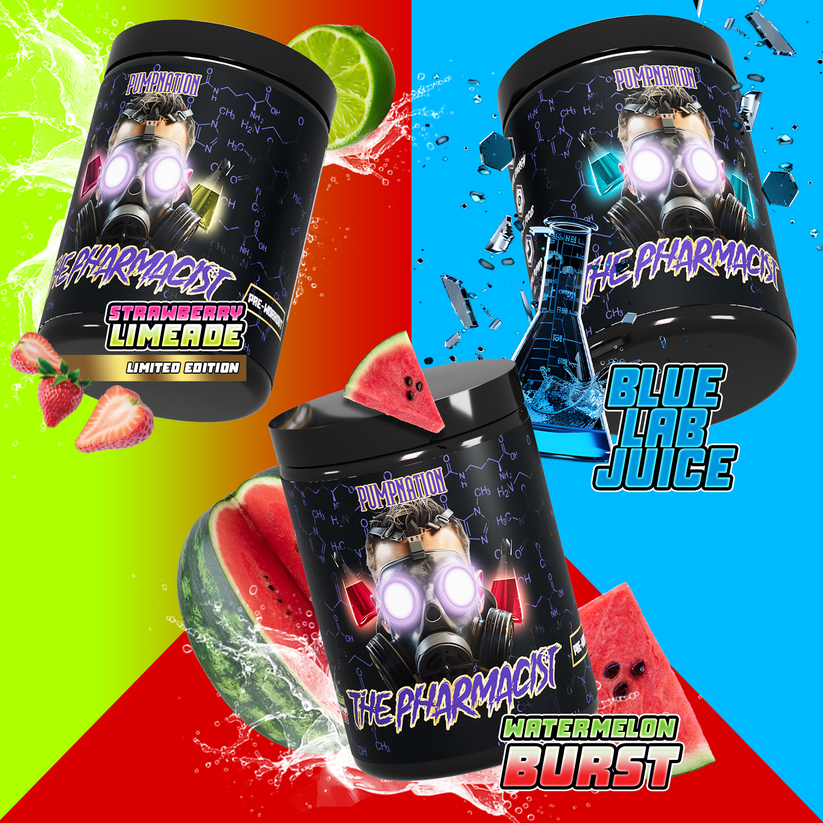 Three containers of The Pharmacist flavored supplements for Pump Nation Pre Workout Watermelon Burst