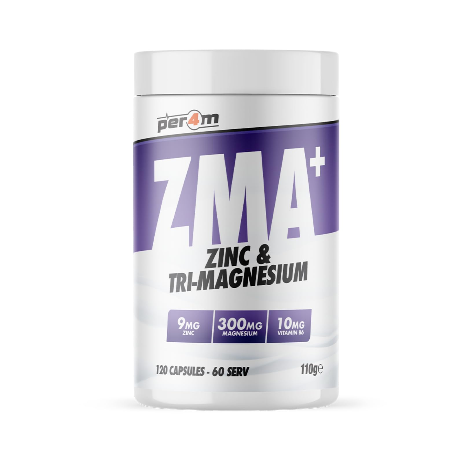 Per4m ZMA supplement with white and purple bottle for muscle support and tri-magnesium
