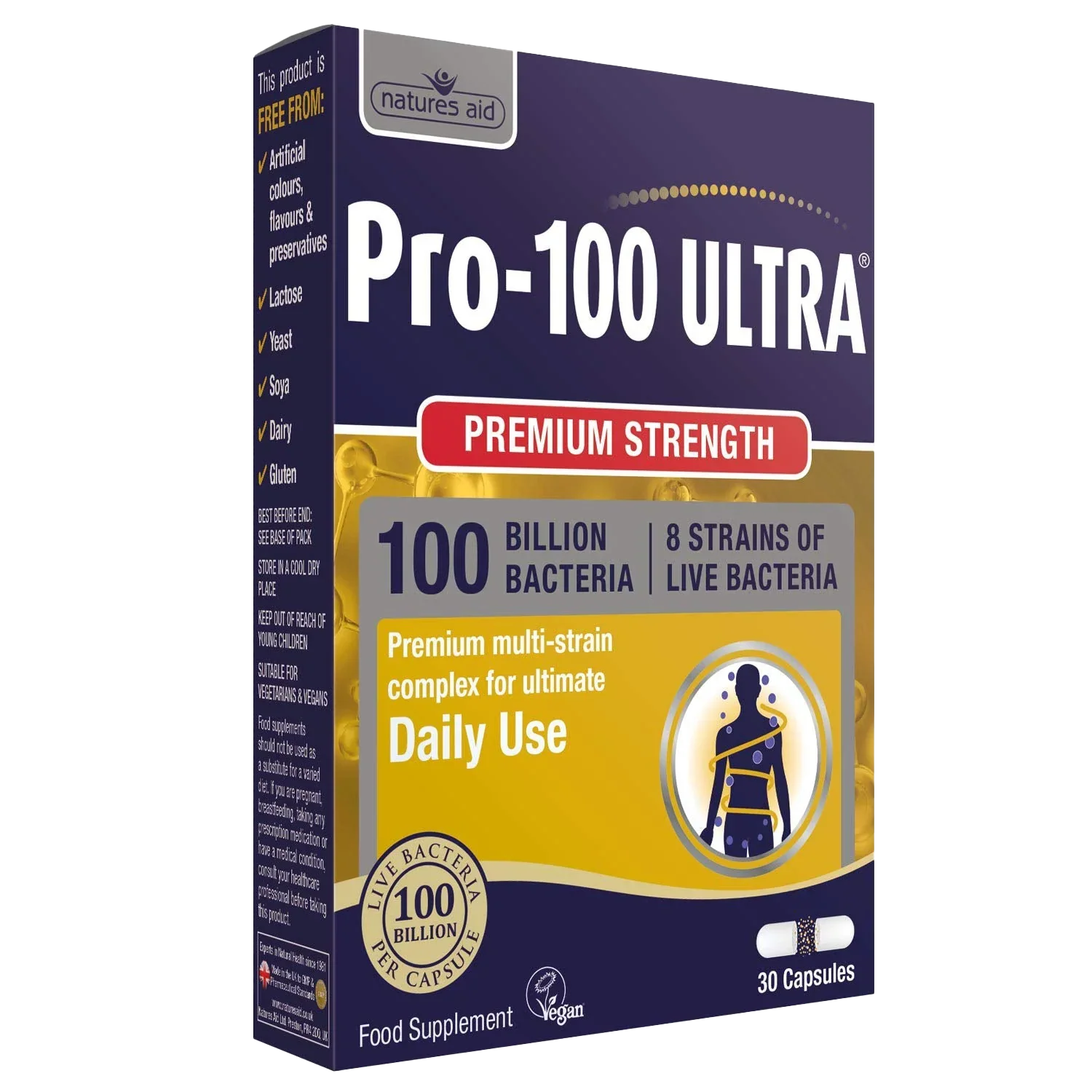 Natures Aid Pro-100 Ultra probiotic capsules with 100 billion live cultures and 8 strains