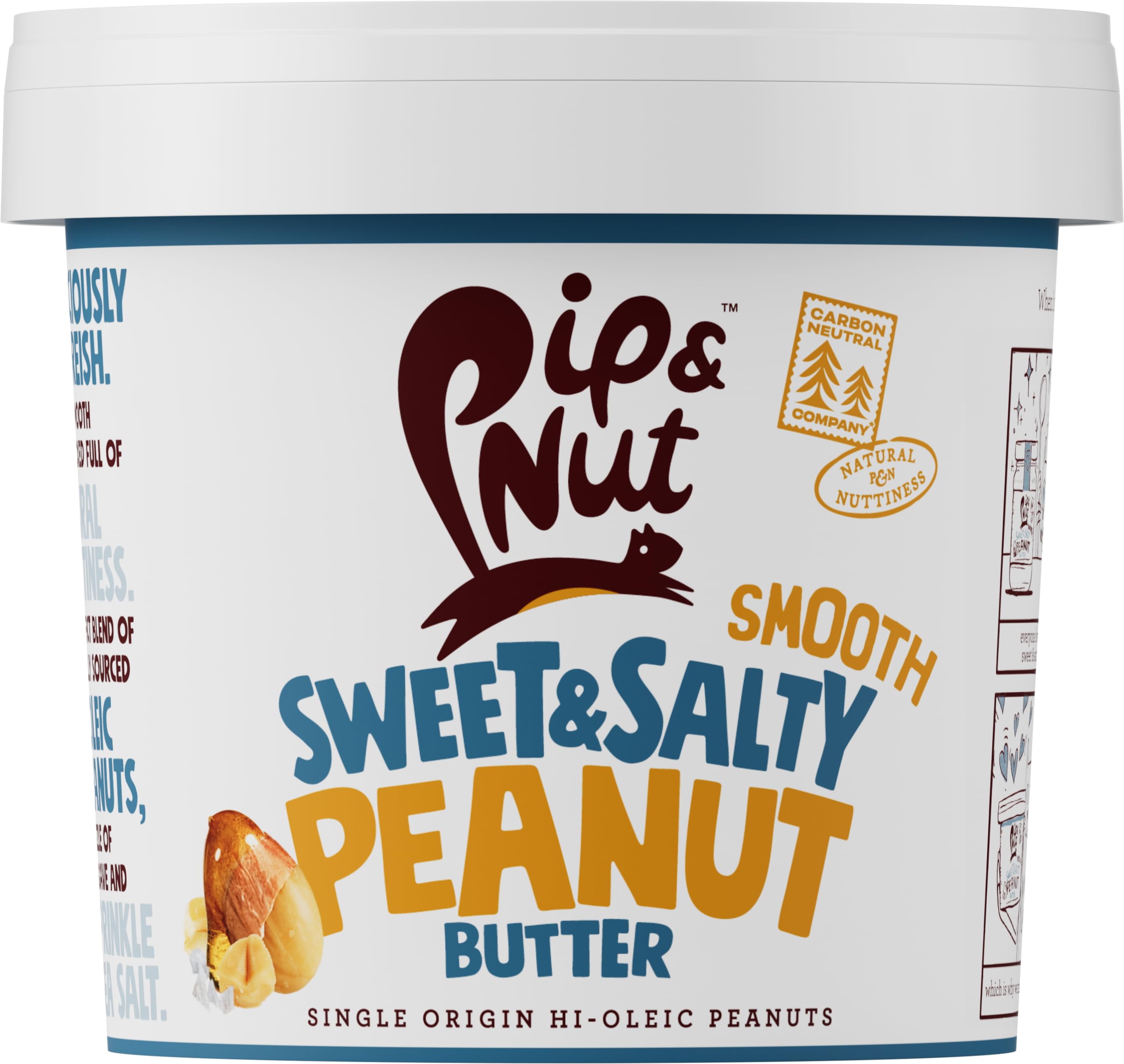 A tub of Pip & Nut Smooth Sweet & Salty Peanut Butter made with sustainably sourced peanuts naturally vegan