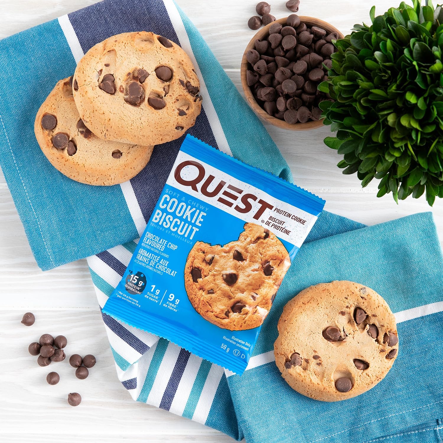 Chocolate chip Quest Nutrition Cookie in blue packaging with chewy white chocolate and macadamia