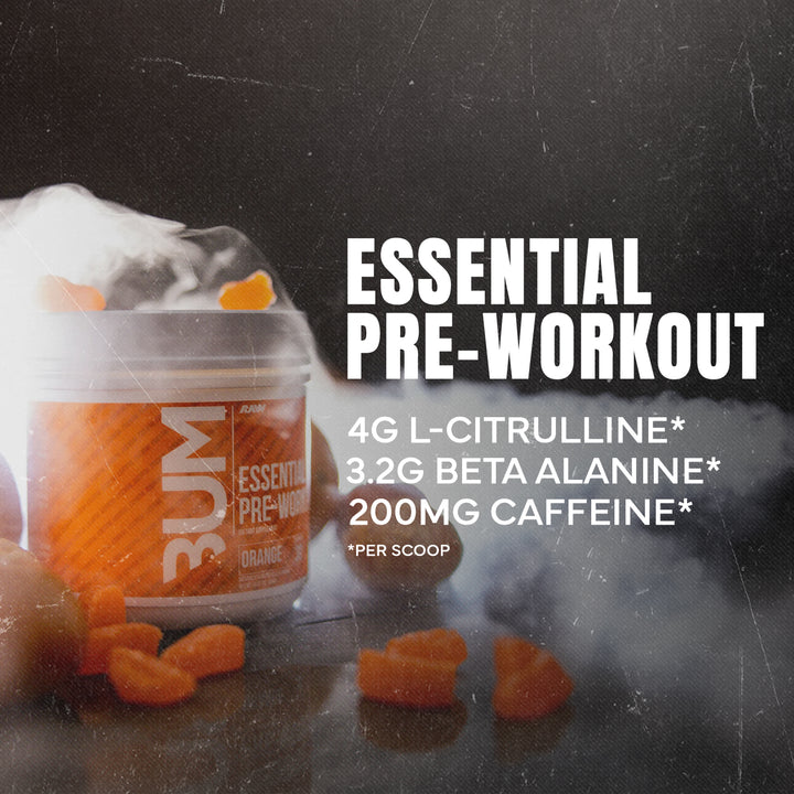 Raw Nutrition Essential PRE orange pre-workout with beta alanine to fight fatigue