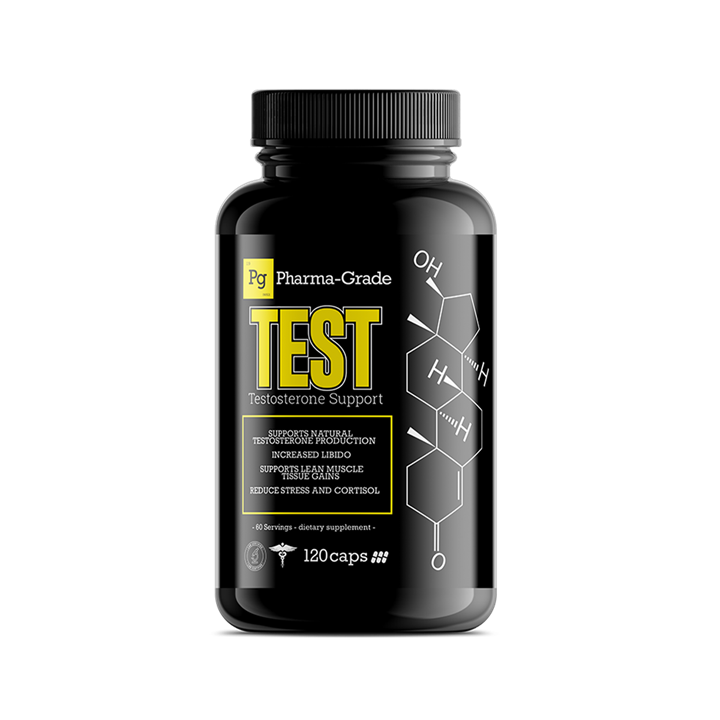 Black Pharma Grade TEST bottle of all-natural testosterone support capsules for lean muscle