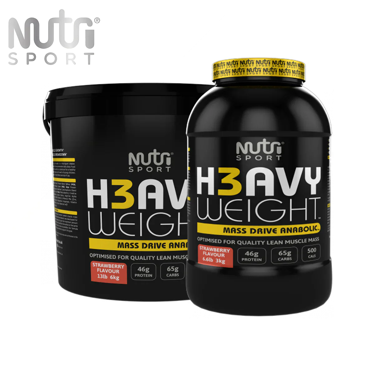 NutriSport H3avyweight Mass Drive anabolic with strawberry flavor, protein, carbs info