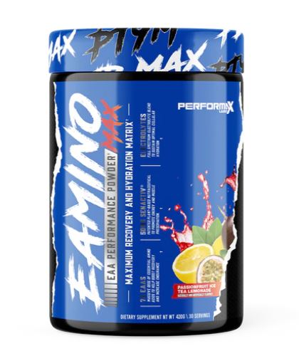 Blue and black Performax Labs Eamino Max EAA powder container with lemon and passion fruit graphics