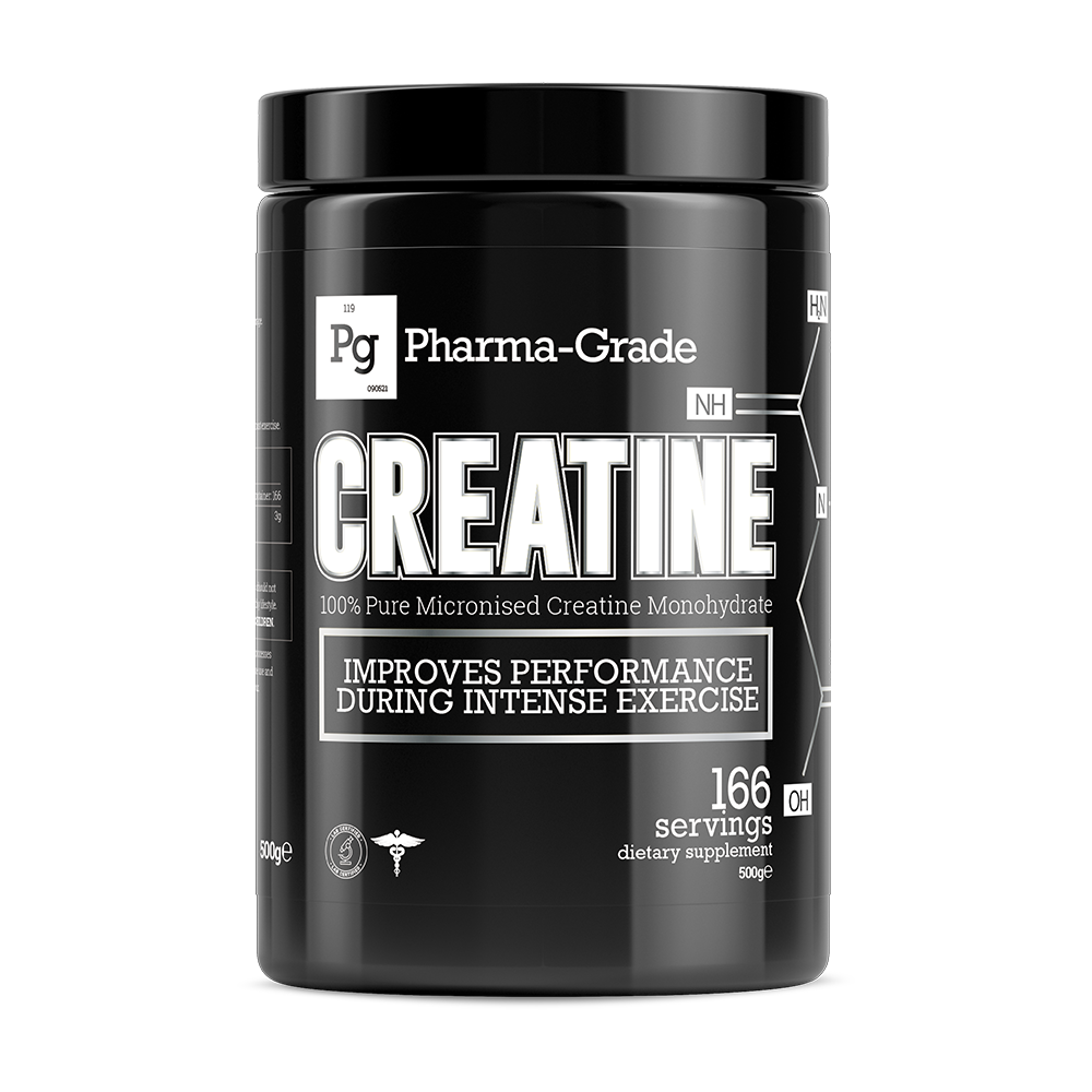 Black plastic container of Pharma Grade Creatine supporting lean muscle and enhances recovery