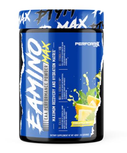 Blue and black Performax Labs Eamino Max container with lemon-lime amino acids powder