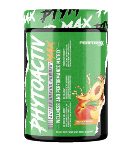 Green and black container of Performax Labs PhytoActivMax Greens with Peached Ice Tea flavor, boosts energy levels
