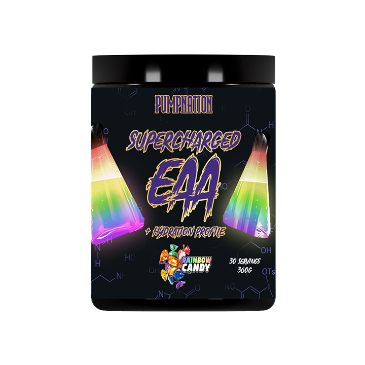 Black Pump Nation SuperCharged EAA container with Rainbow Candy flavor for muscle growth