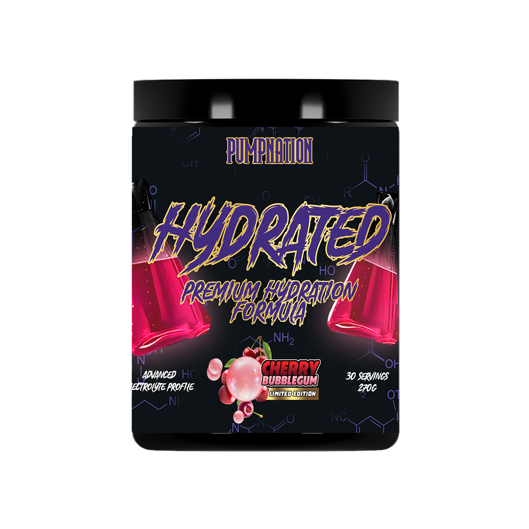 Dark-colored jar of Pump Nation Hydrated Premium Hydration Formula in Cherry Bubblegum flavor