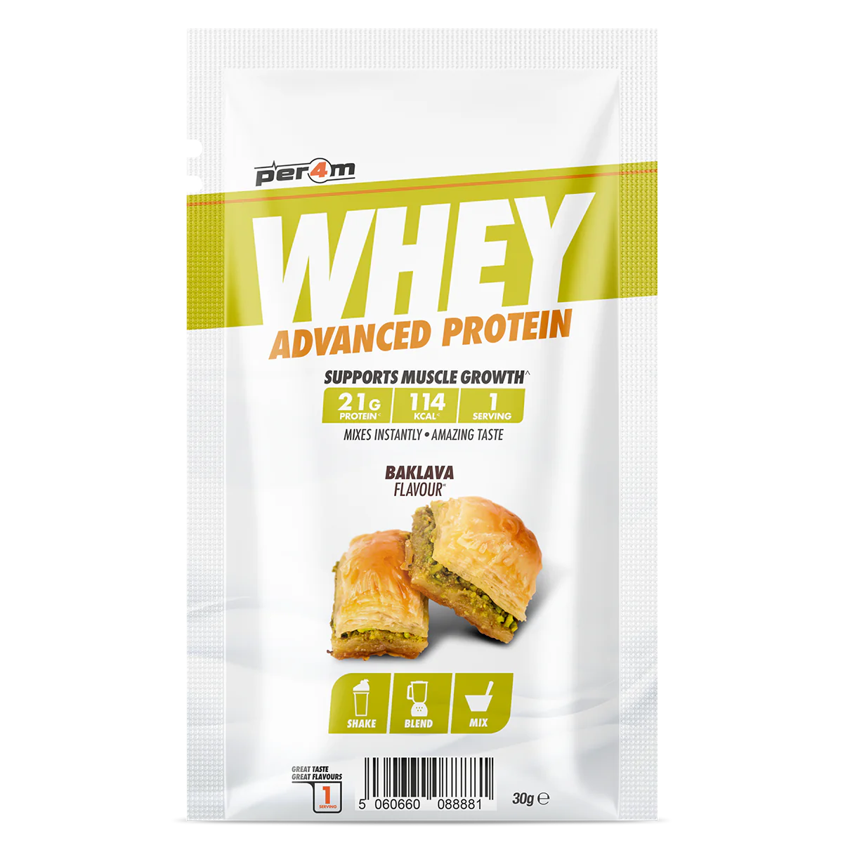 Baklava-flavored Per4m Advanced Whey Protein Sachet for tasty whey protein boost