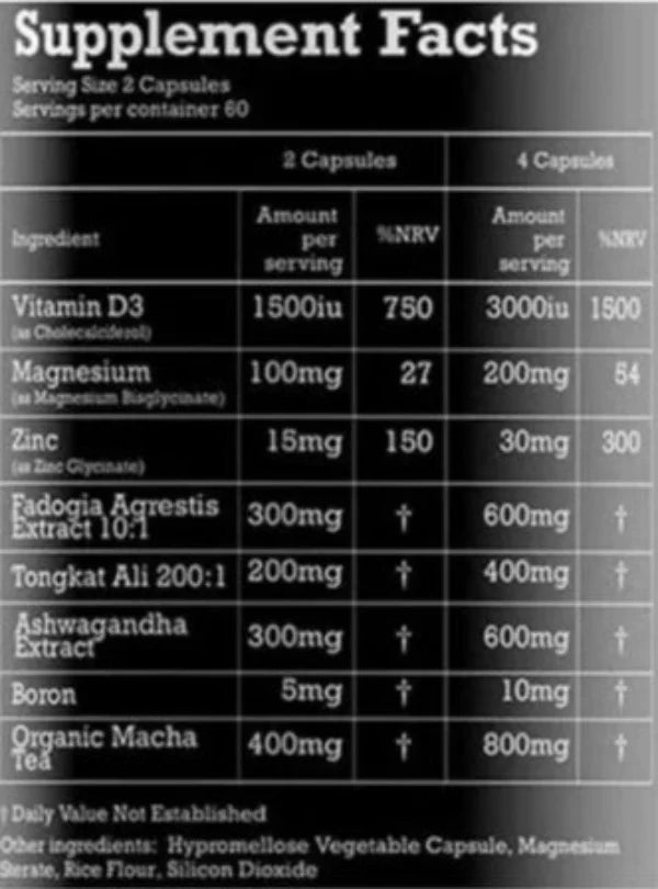 Supplement facts label for Pharma Grade TEST showing ingredients and dosages for lean muscle and all-natural testosterone optimization