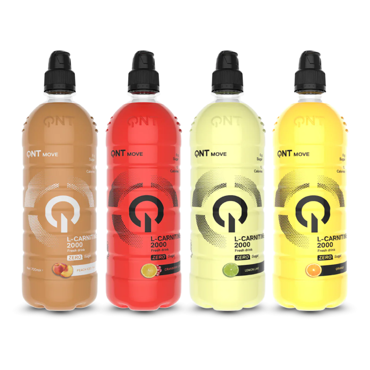 Four QNT L-Carnitine 2000mg zero-sugar fruit drinks in different flavors
