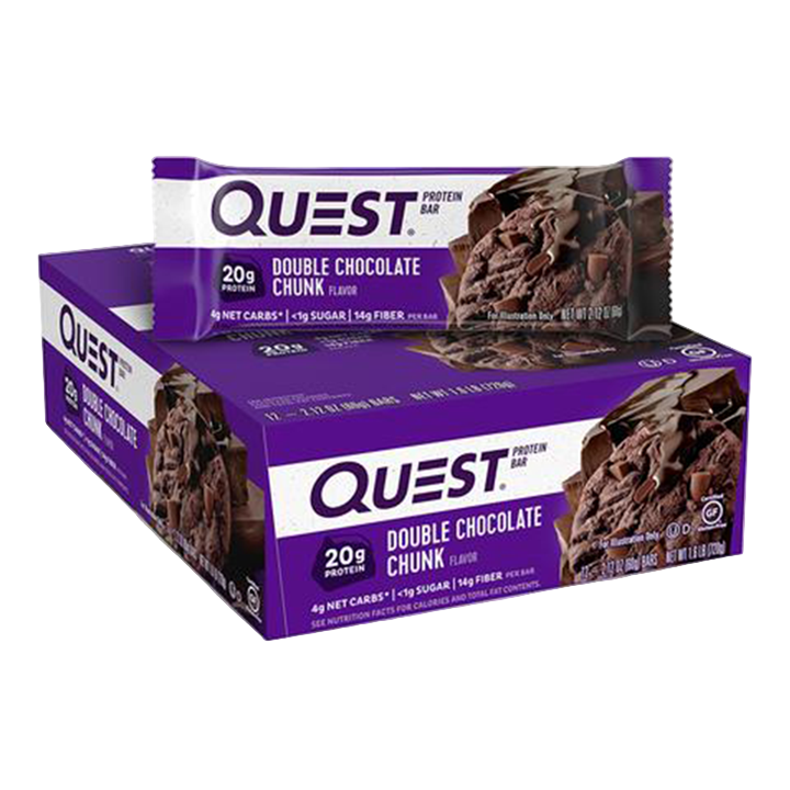 A Quest Nutrition Bar box with a Double Chocolate Chunk nutrition bar on top