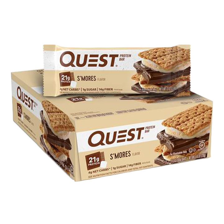 Box of Quest S'mores protein bars on a white background
