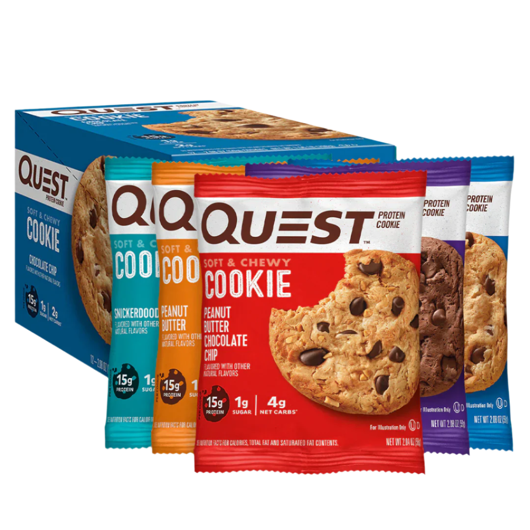 Variety pack of Quest Nutrition Cookies with chewy white chocolate and white chocolate macadamia
