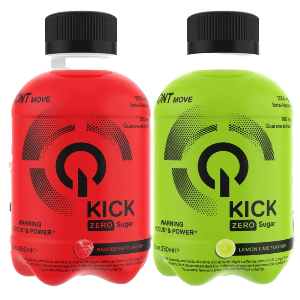 QNT Kick Energy bottles with guarana extract, zero sugar lemon lime and raspberry flavors