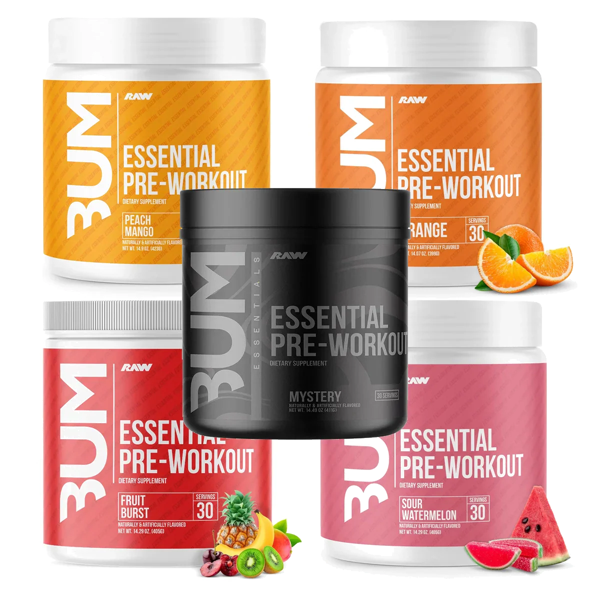 Raw Nutrition Essential PRE pre-workout supplements with flavors to fight fatigue and boost energy