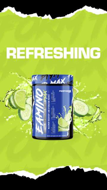 Blue Performax Labs Eamino Max 3D container with lime and cucumber slices for amino acids