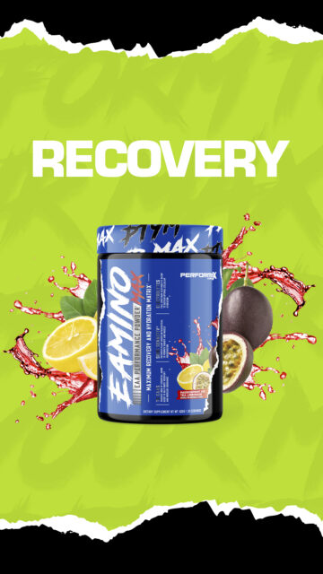 Blue Performax Labs Eamino Max 3D container with lemon and passion fruit flavors, packed with amino acids for recovery