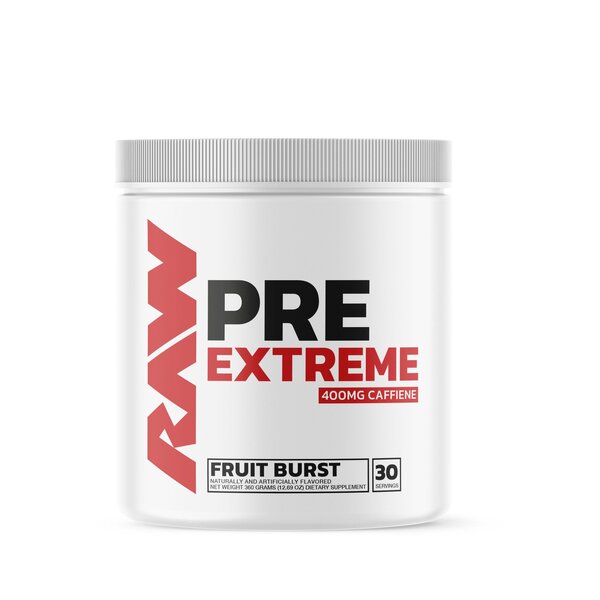 Raw Nutrition Pre Extreme EU pre-workout tub with fruit burst flavor for sharp focus