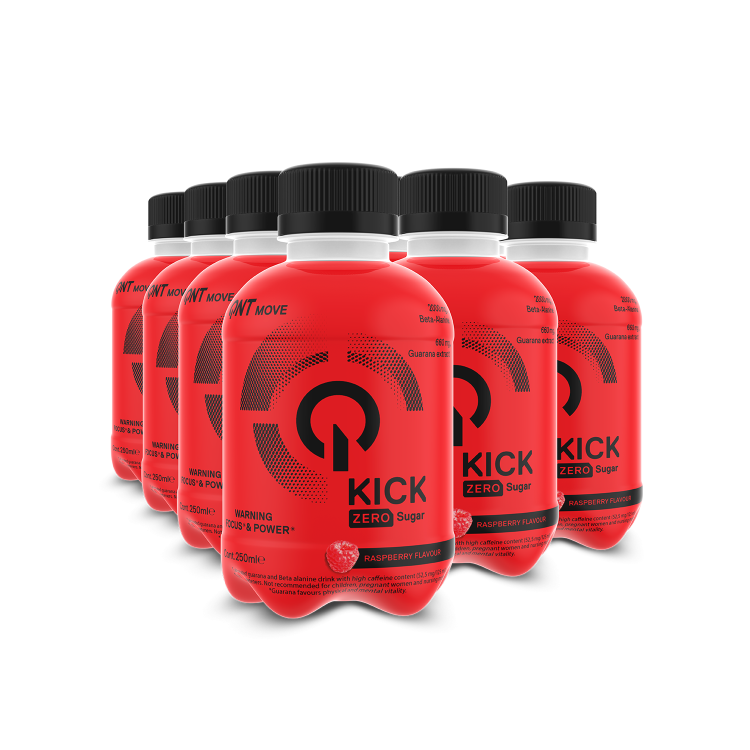 Six-pack of QNT Kick Drink zero sugar lemon lime raspberry-flavored sports drinks with guarana extract