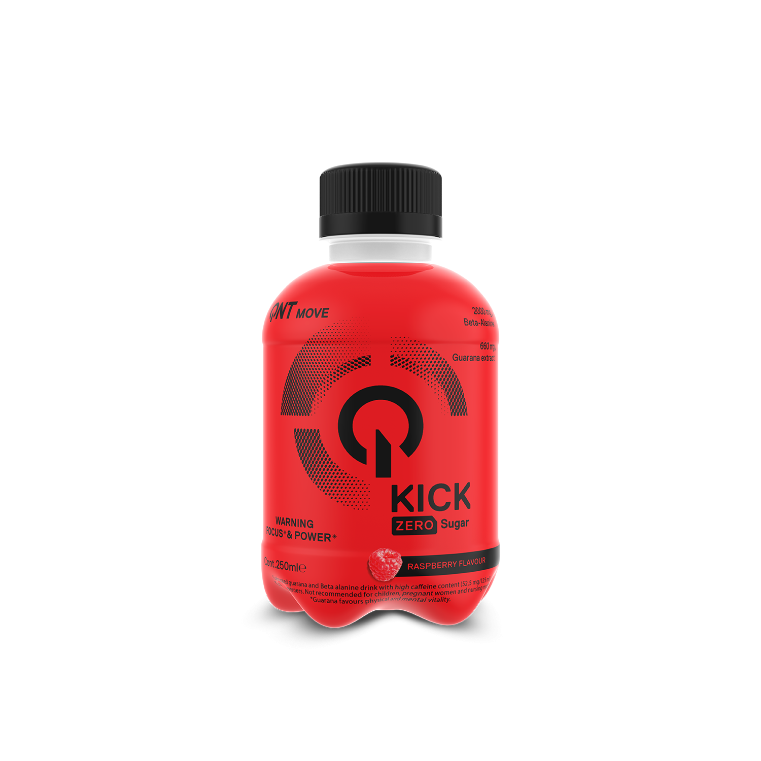Red QNT Kick Energy drink bottle with black cap and label featuring a red power symbol