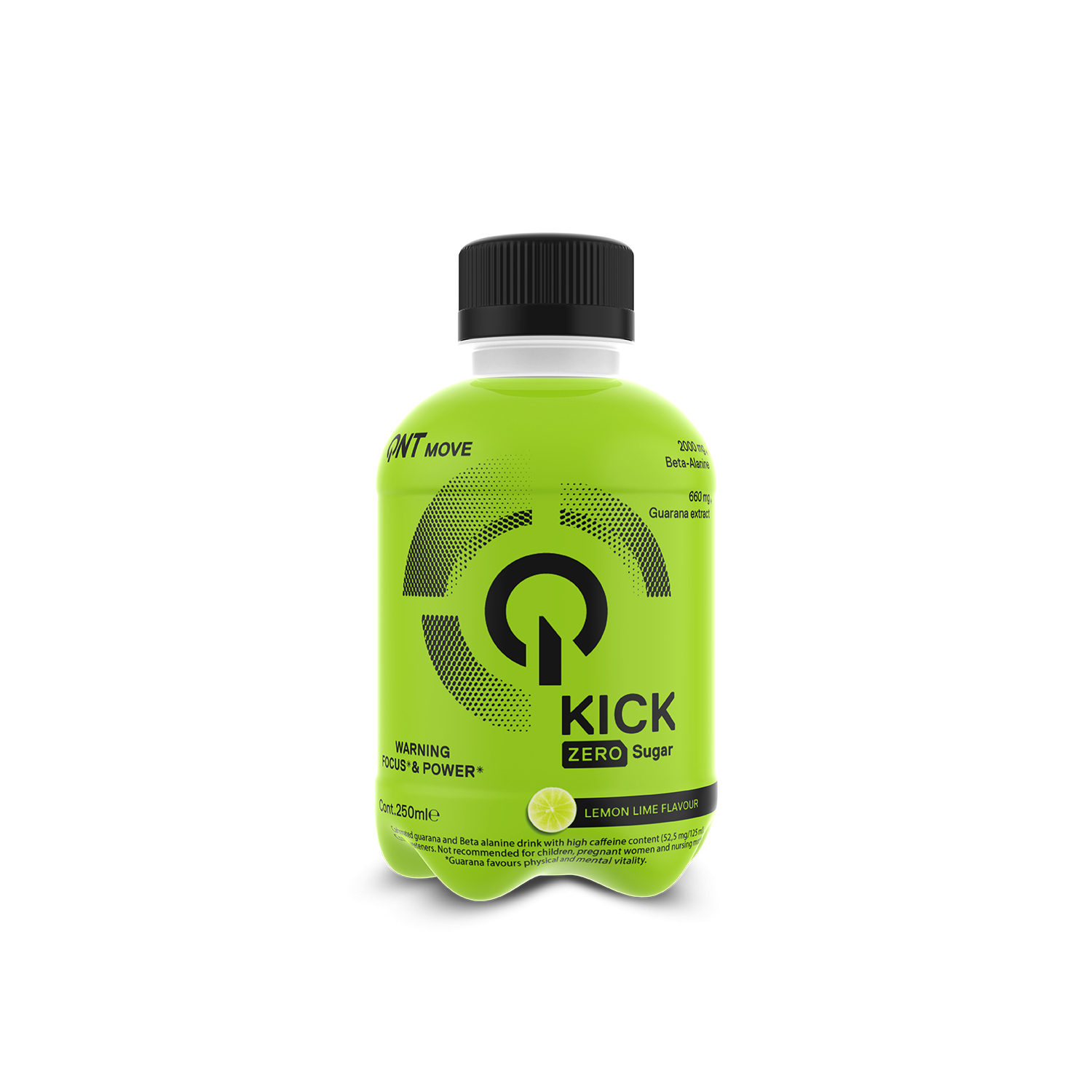 QNT Kick Energy drink with guarana extract zero sugar lemon lime in clear bottle