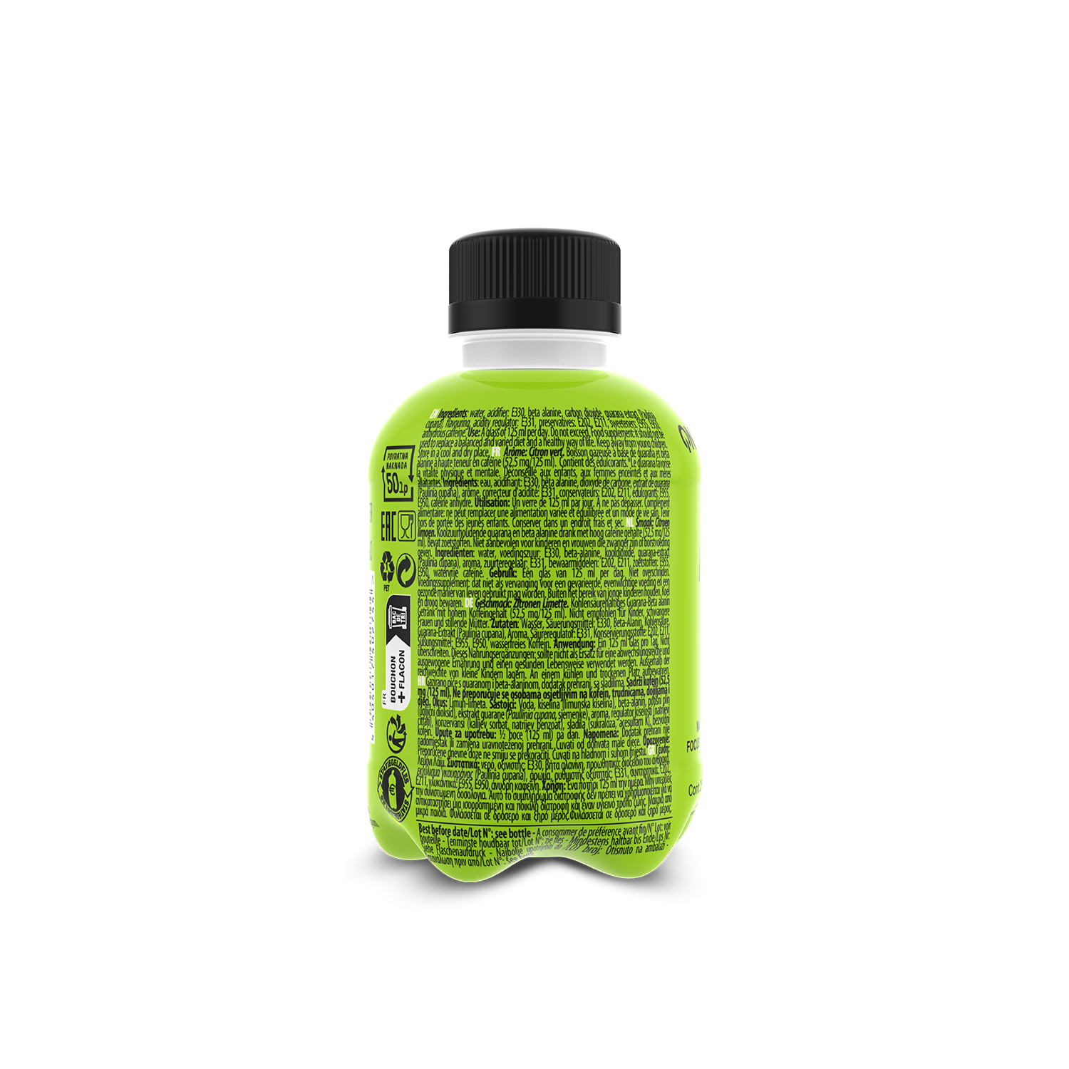 Lime green QNT Kick Drink bottle with black cap, zero sugar lemon lime energy boost