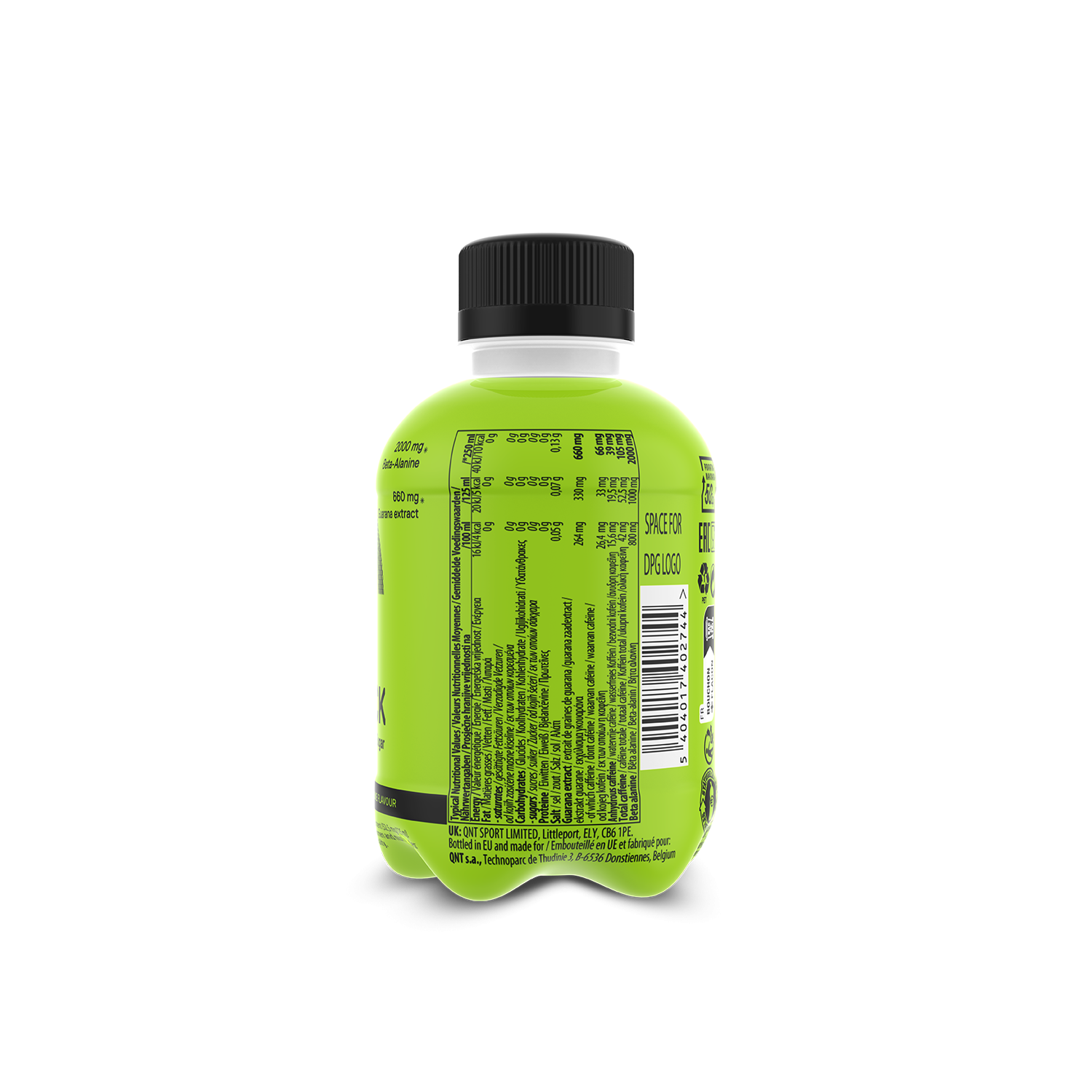 Green QNT Kick Energy drink bottle with guarana extract and zero sugar lemon lime flavor