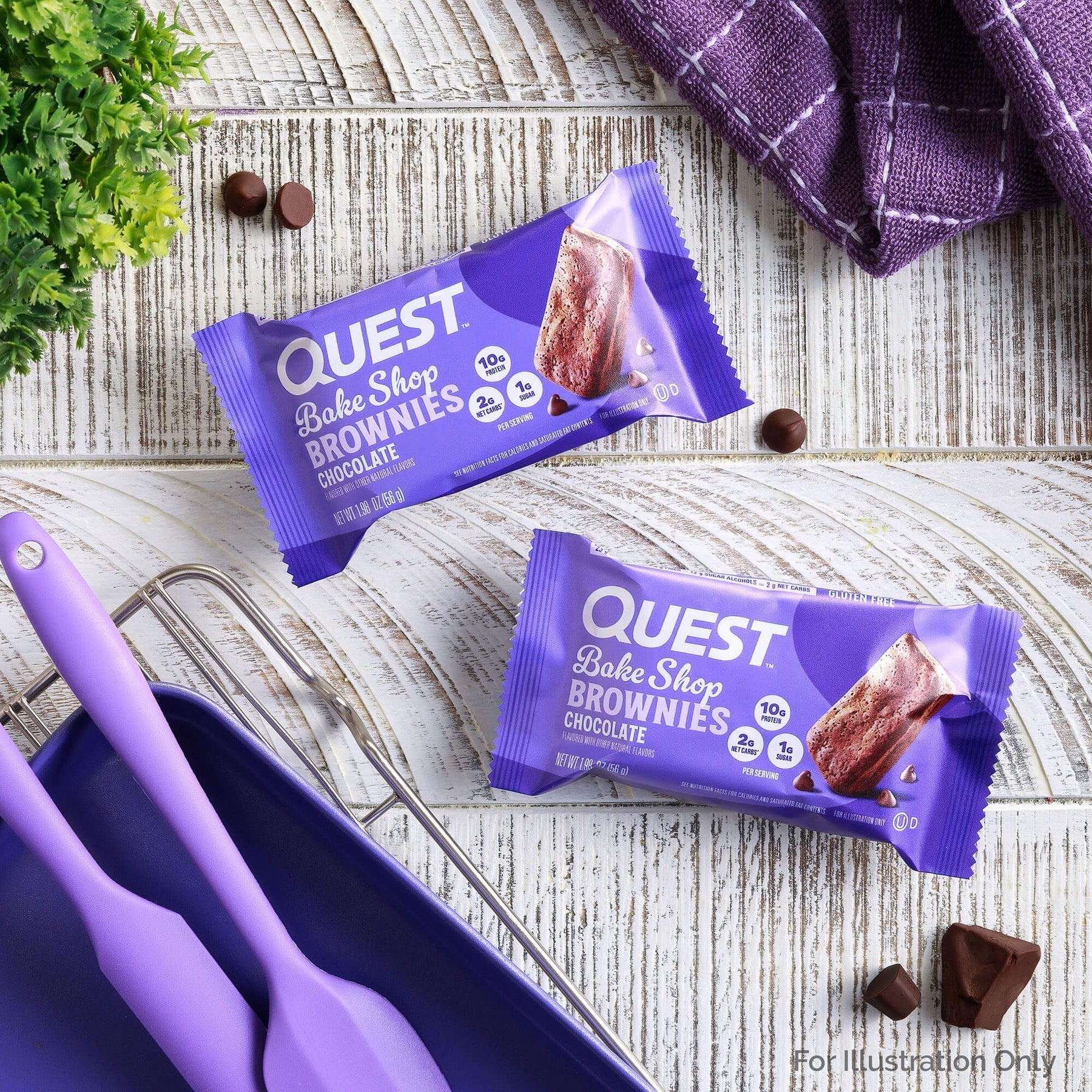 Two Quest Bake Shop whey protein isolate brownies in packaging for Quest Nutrition Brownie