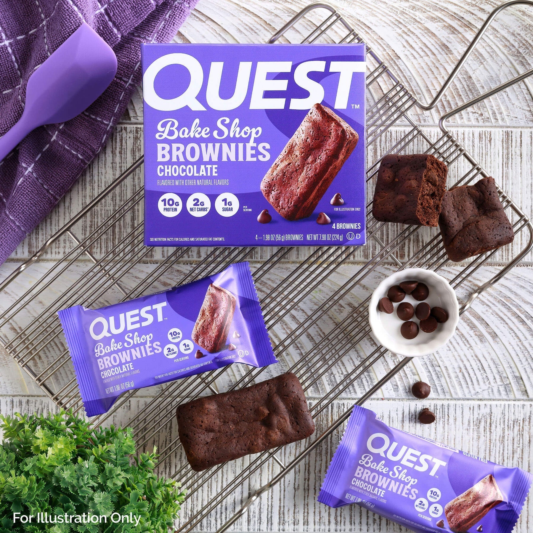 Quest Bake Shop brownies in a box and wrappers, packed with whey protein isolate