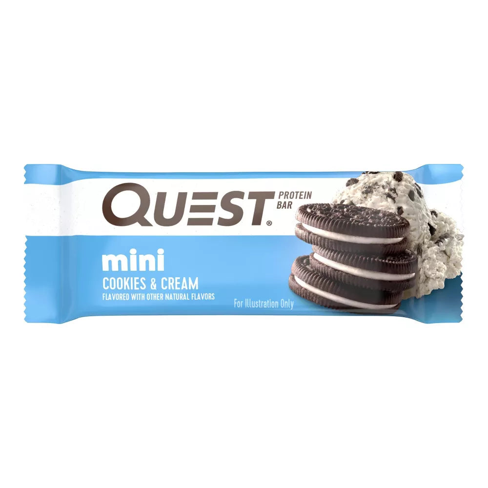 Light blue and white Quest Nutrition Mini Protein Bar 8x32g in Cookies & Cream flavor