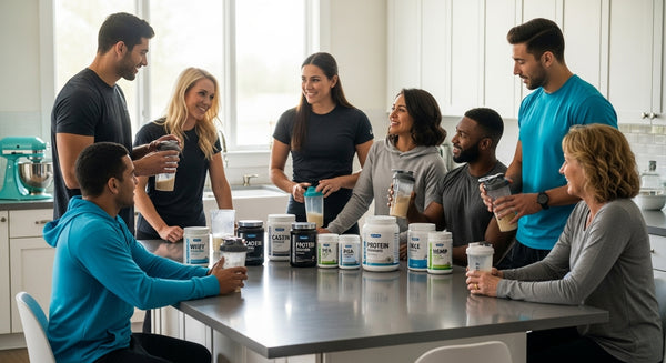 protein powder types, diverse people, kitchen
