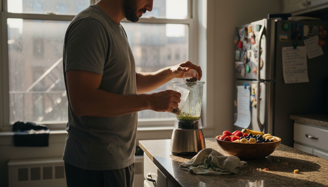Man preparing healthy breakfast in kitchen
