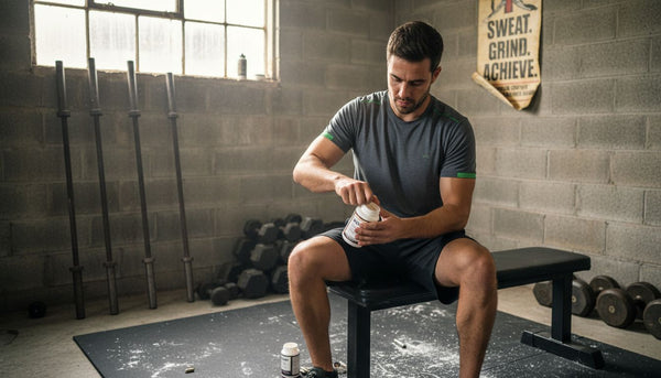 Man preparing HMB supplement in garage gym