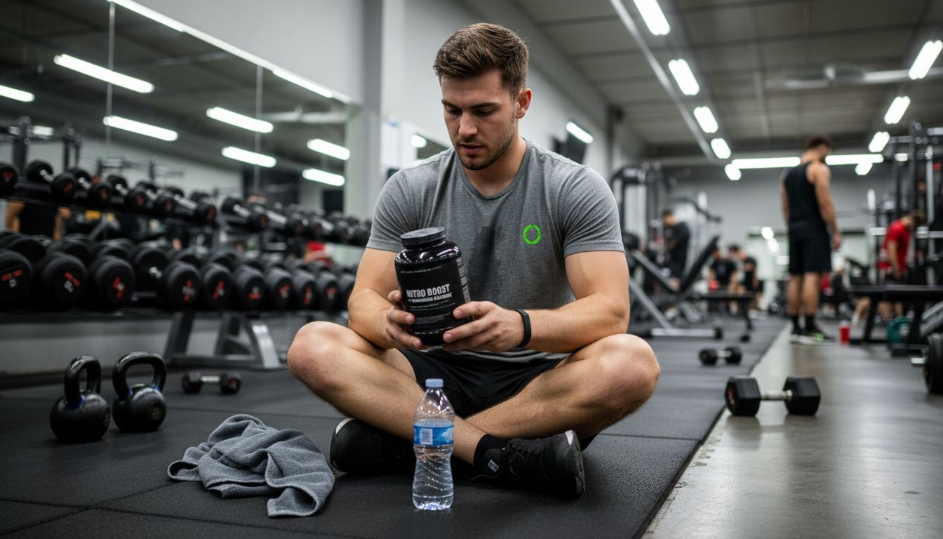 Athlete reading supplement bottle in gym