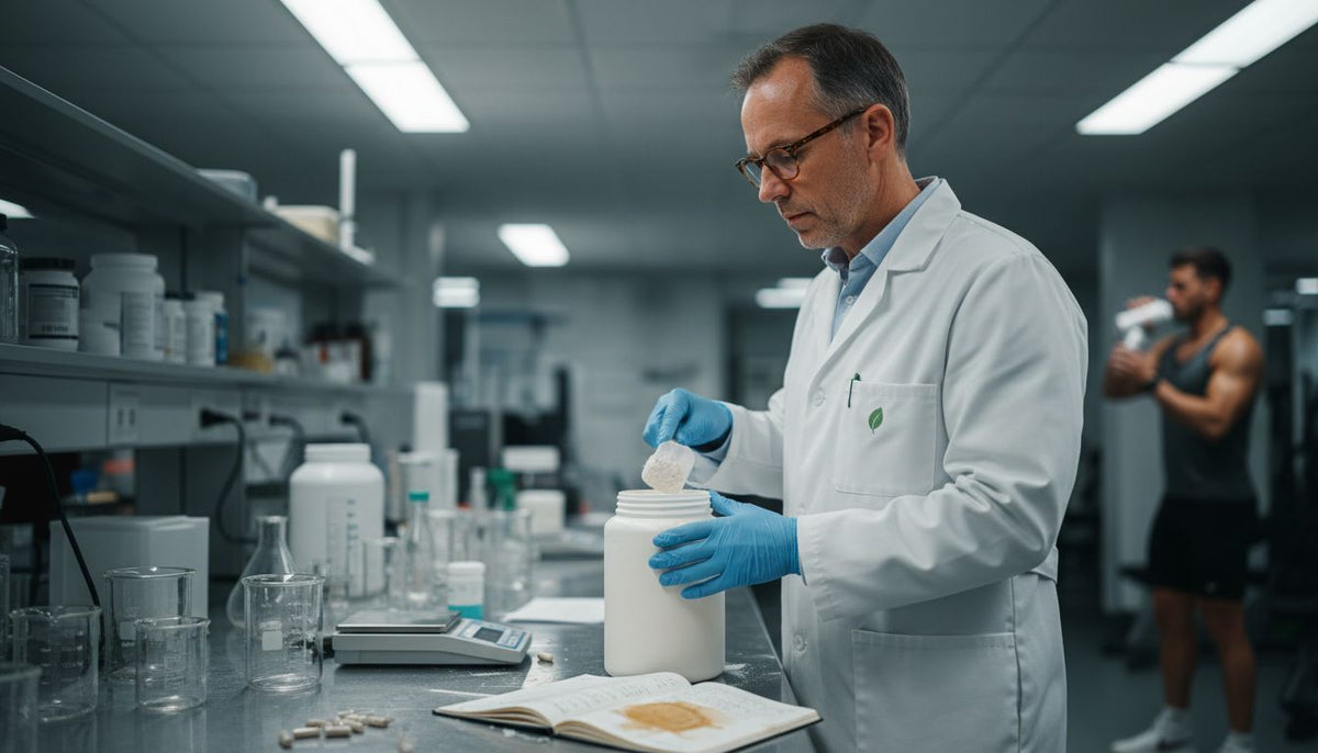 Food scientist inspecting casein hydrolysate powder