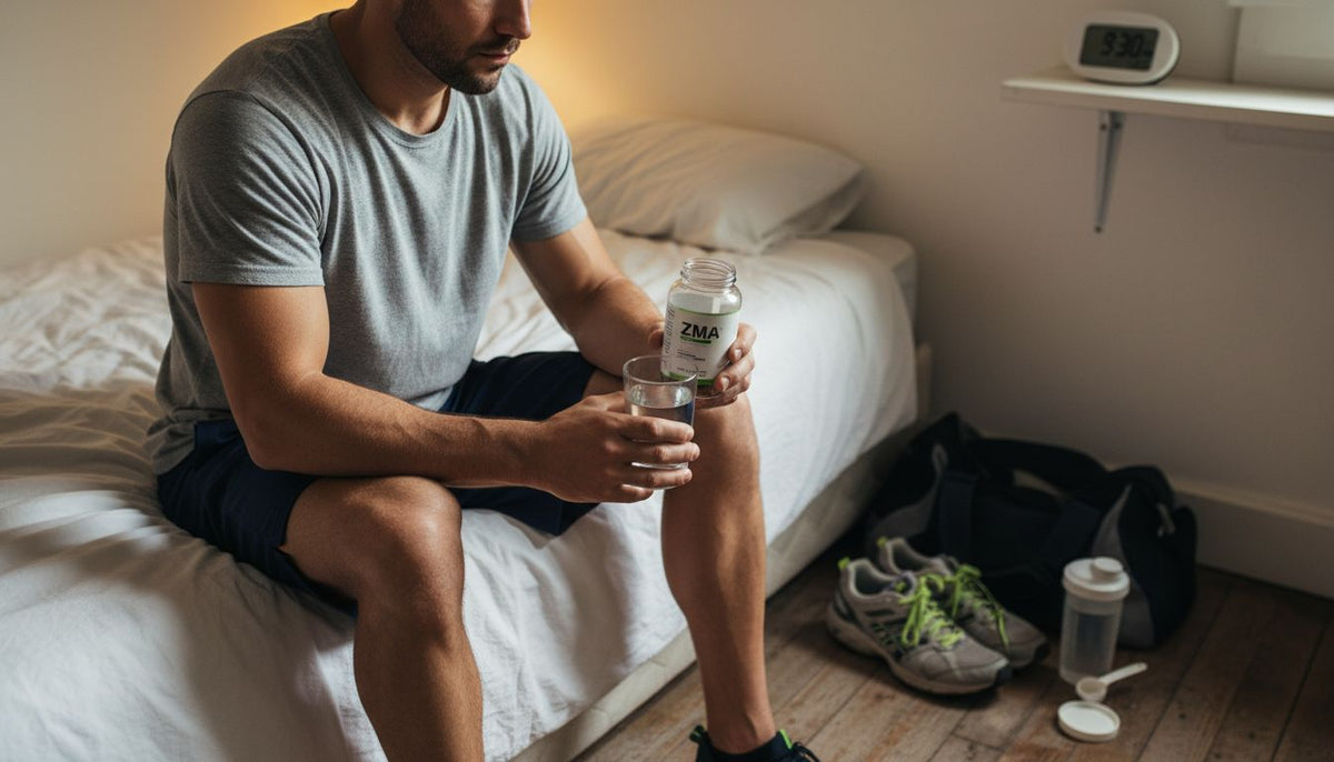 Athlete holds ZMA bottle in bedroom