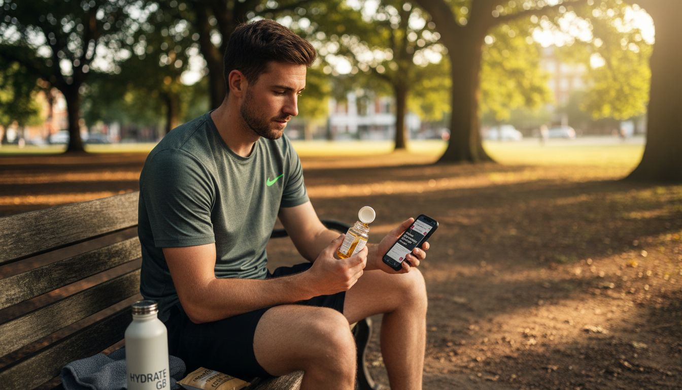 Runner with fish oil capsule on park bench