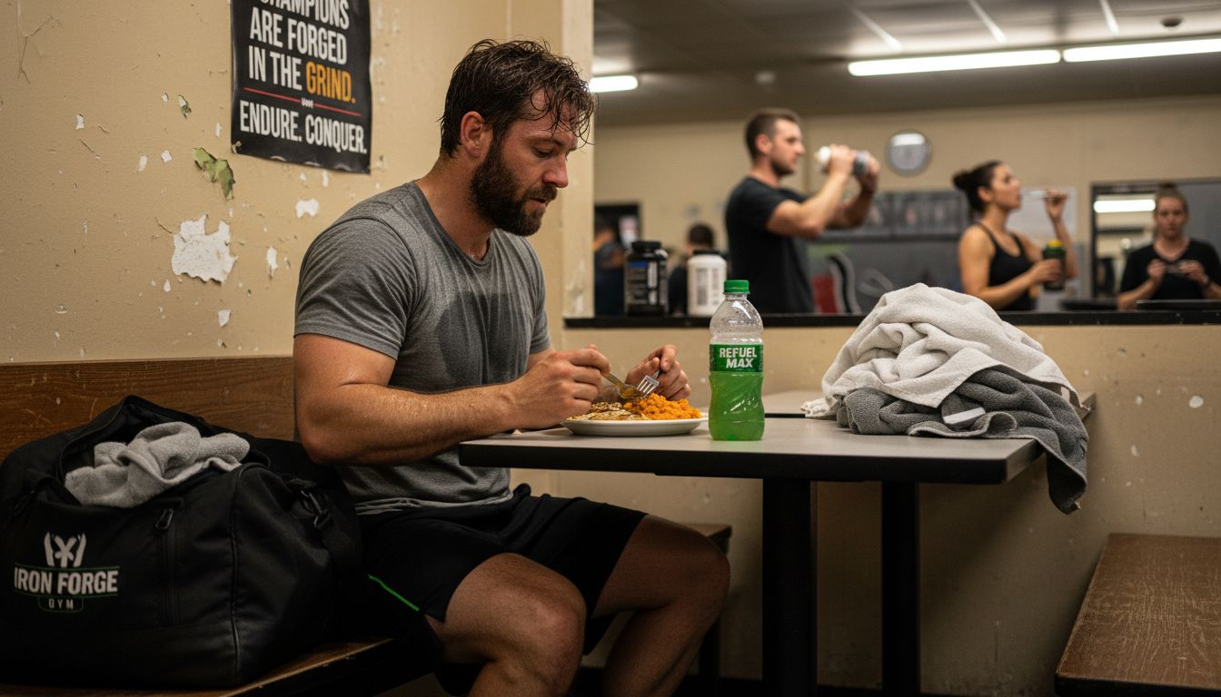 Athlete eating post-workout meal in gym café