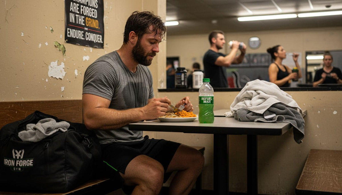 Athlete eating post-workout meal in gym café