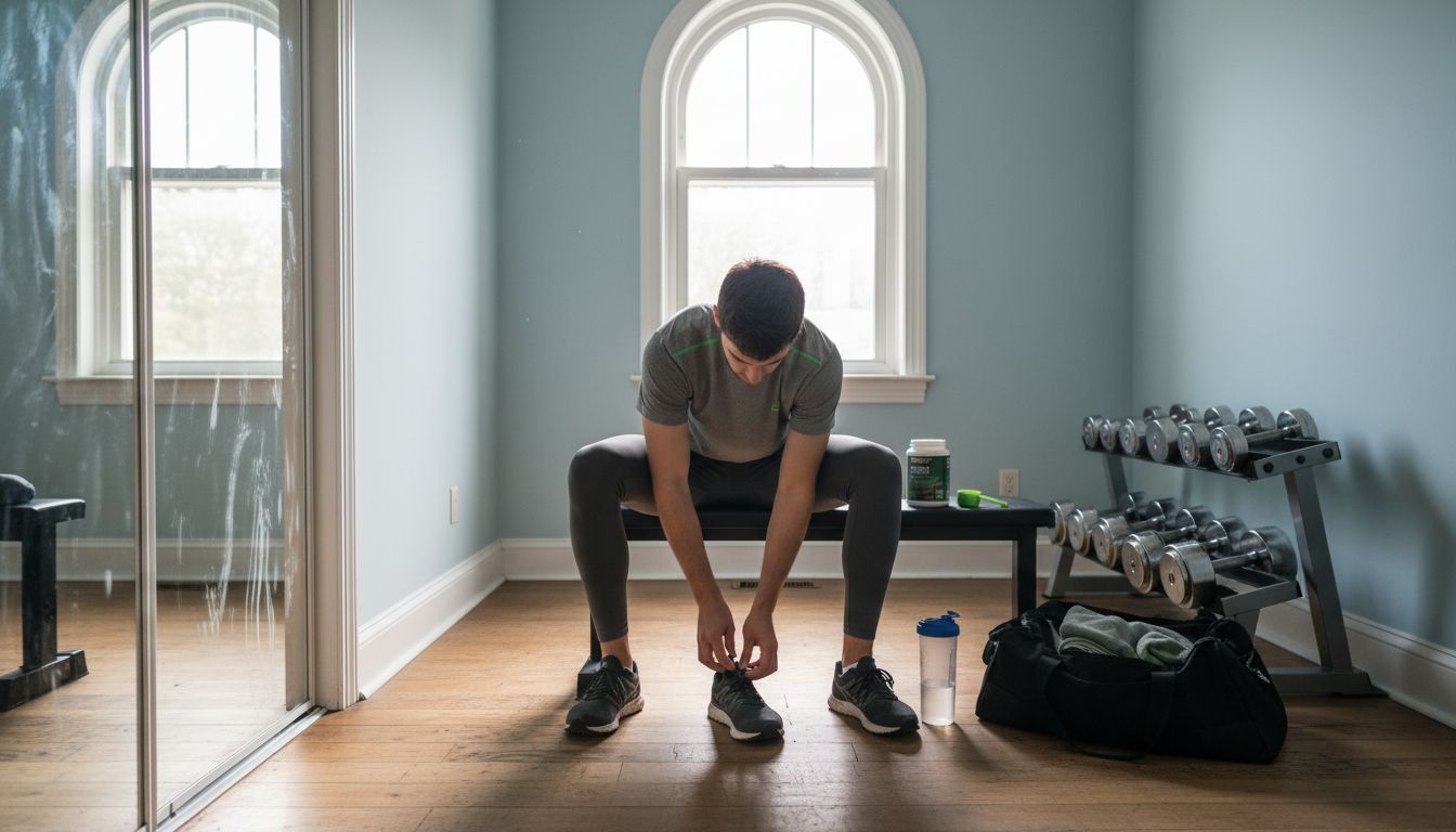 Man tying shoes in home gym before workout
