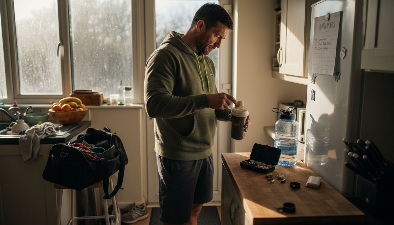 Athlete reviewing supplement schedule at kitchen counter