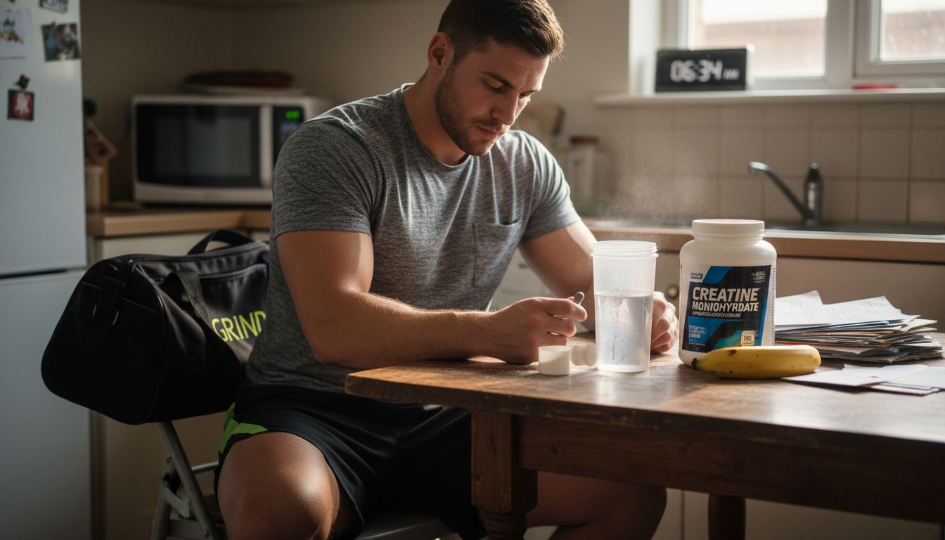 Athlete preparing creatine in morning kitchen