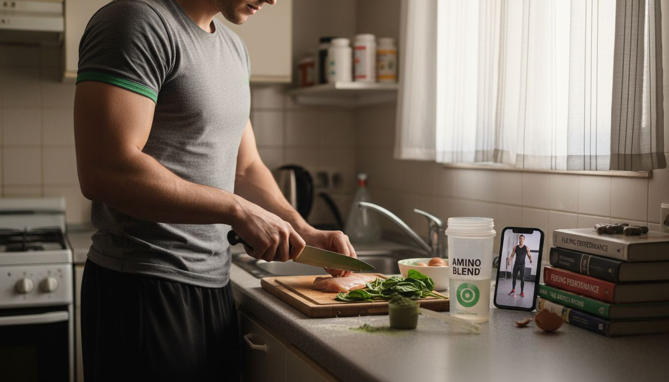 Athlete prepares amino acid-rich meal in kitchen