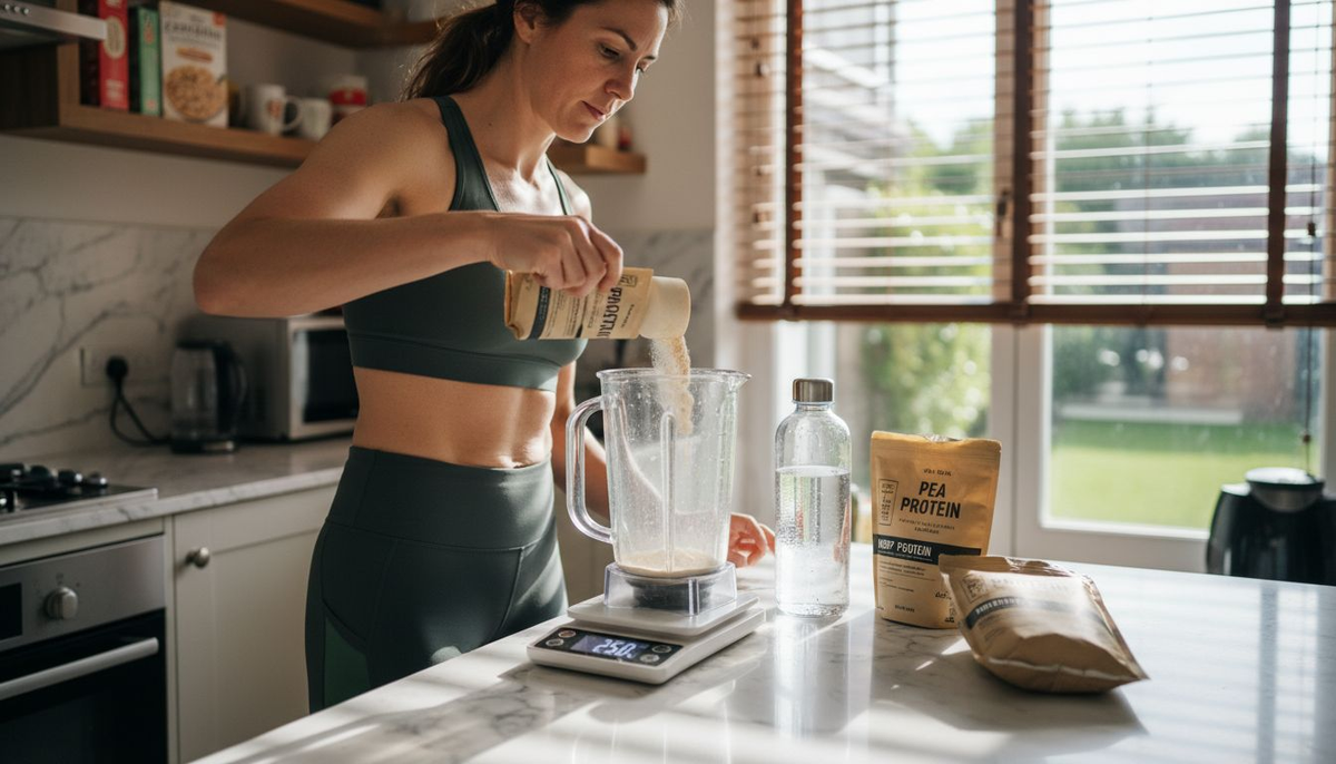 Woman preparing plant protein shake in kitchen