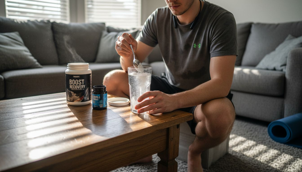Man mixing collagen supplement before workout
