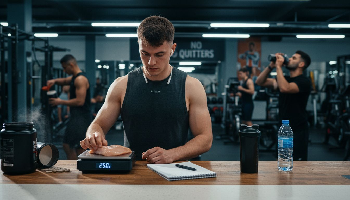 Man tracking bulking nutrition at gym bar