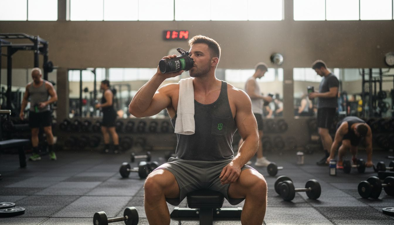 Bodybuilder recovering post-workout BCAA gym scene